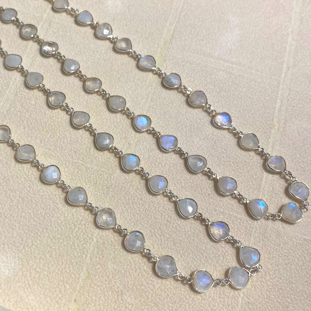 35” Natural Moonstone and Sterling Silver Chicle Station Opera Necklace 🫐